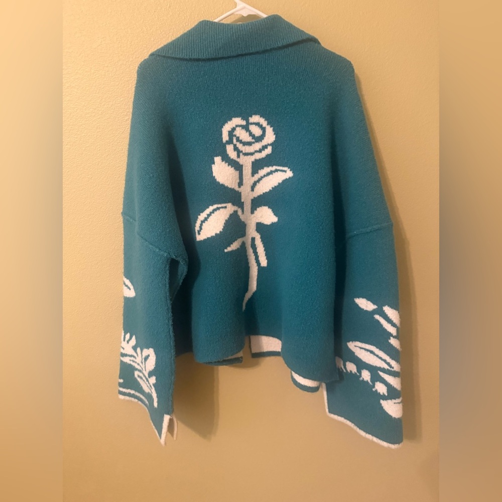 Teal Floral Open-Front Cardigan Sweater - Brand - Picture 5 of 11